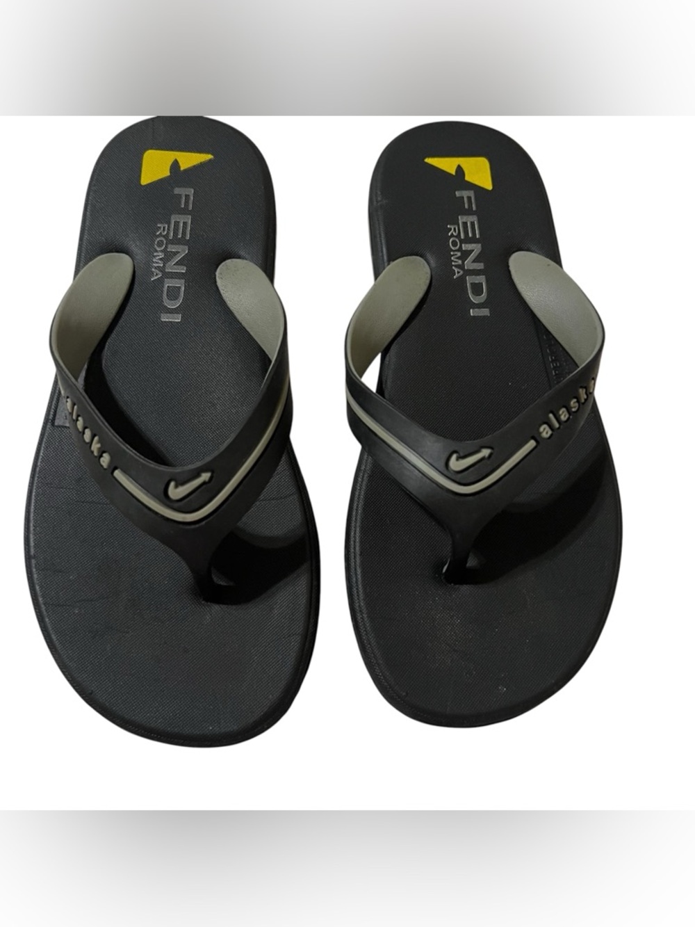Fendi Black Flip Flop Sandals with Gray and Yellow Accents Beach Travel Vacation